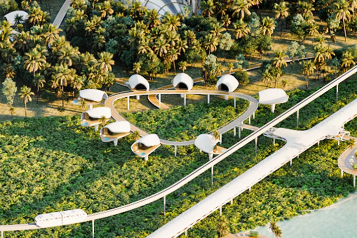 Vista de sección con cabañas